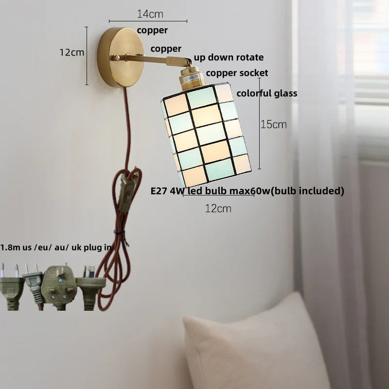 Helnys Copper LED Wall Lamp with Pull Chain Switch & Rotatable Glass Mirror Light
