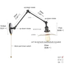 Helnys Black Industrial Loft Swing Arm Wall Light Fixtures Glass Pull Chain Switch Lamp
