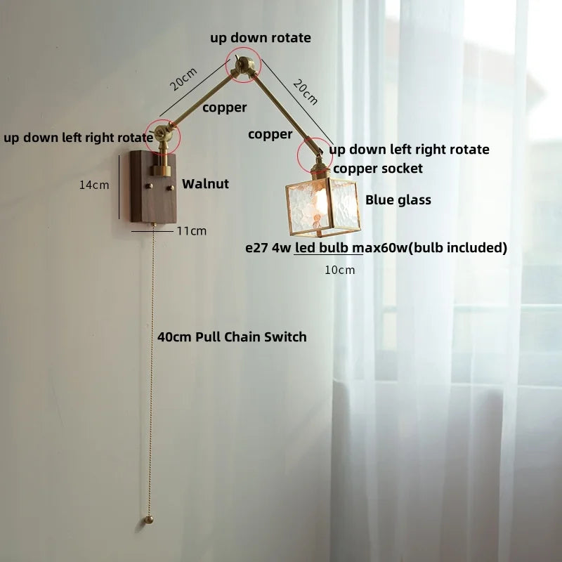 Helnys Modern LED Wall Lamp Glass Pull Chain Switch Rotatable Swing Arms Fixtures