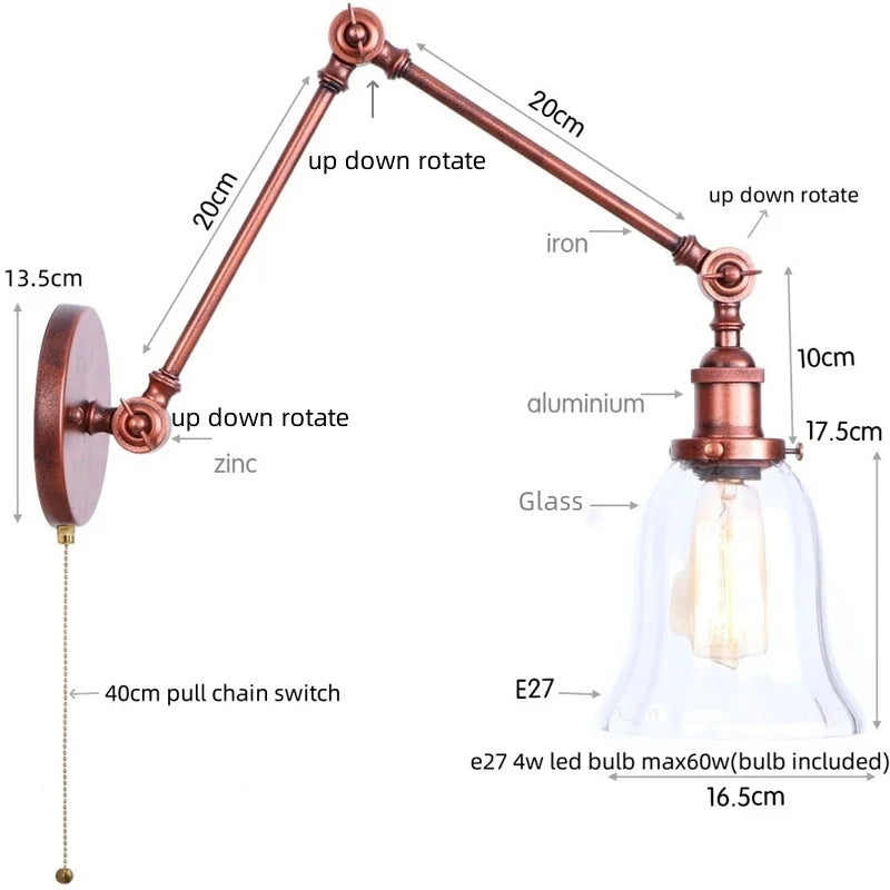 Helnys Retro Loft LED Wall Light Fixture Industrial Glass Indoor Lamp