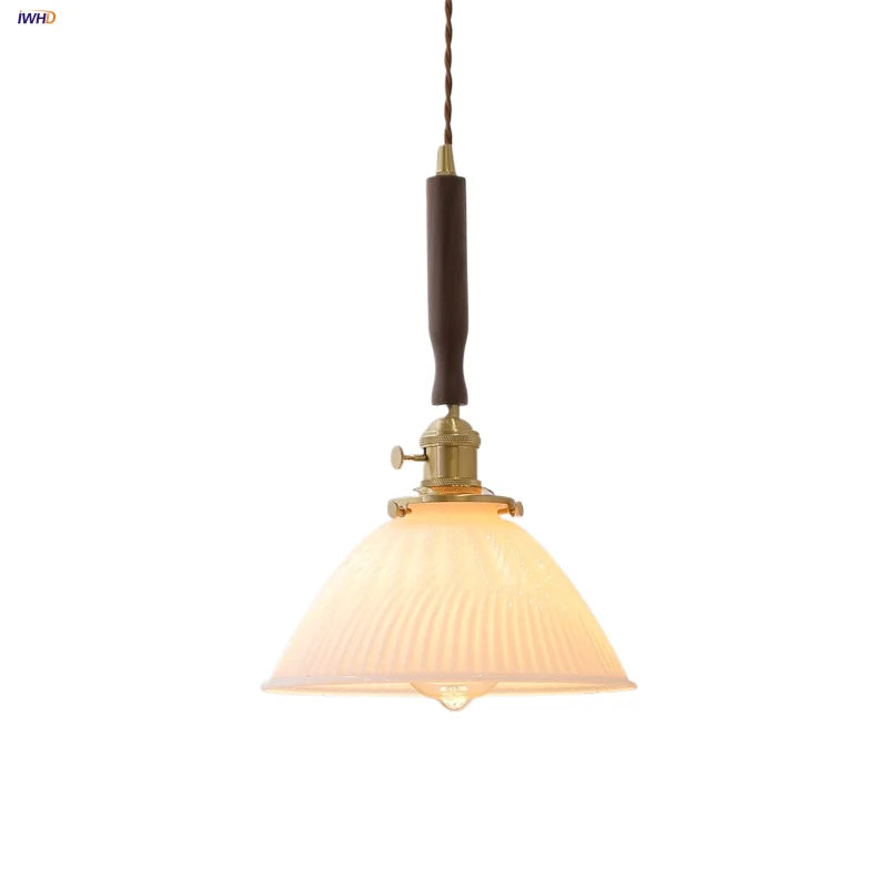 Helnys White Glass LED Pendant Lamp Nordic Modern Walnut Wood Hanging Light