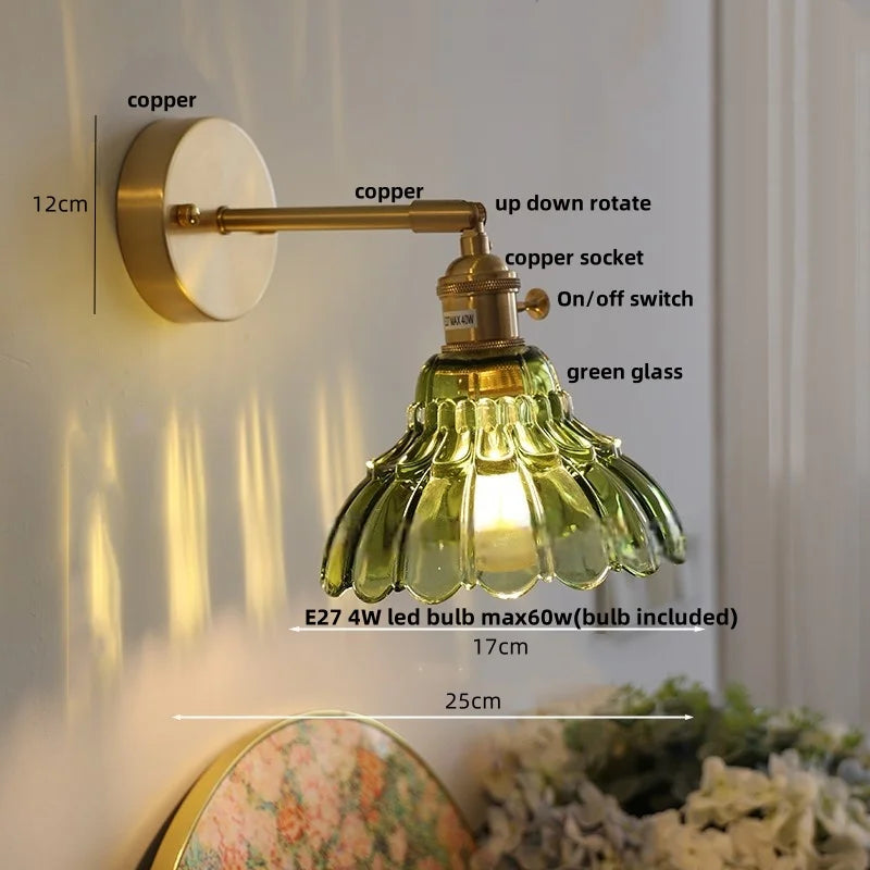 Helnys Copper Rotate LED Wall Light with Pull Chain Switch - Modern Glass Bedside Lamp