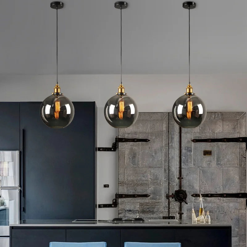 Helnys Loft Smoke Gray LED Pendant Lamp Brass Glass Vintage Hanging Light