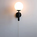 Helnys Modern Black Iron LED Wall Light with Pull Chain Switch & White Glass Shade