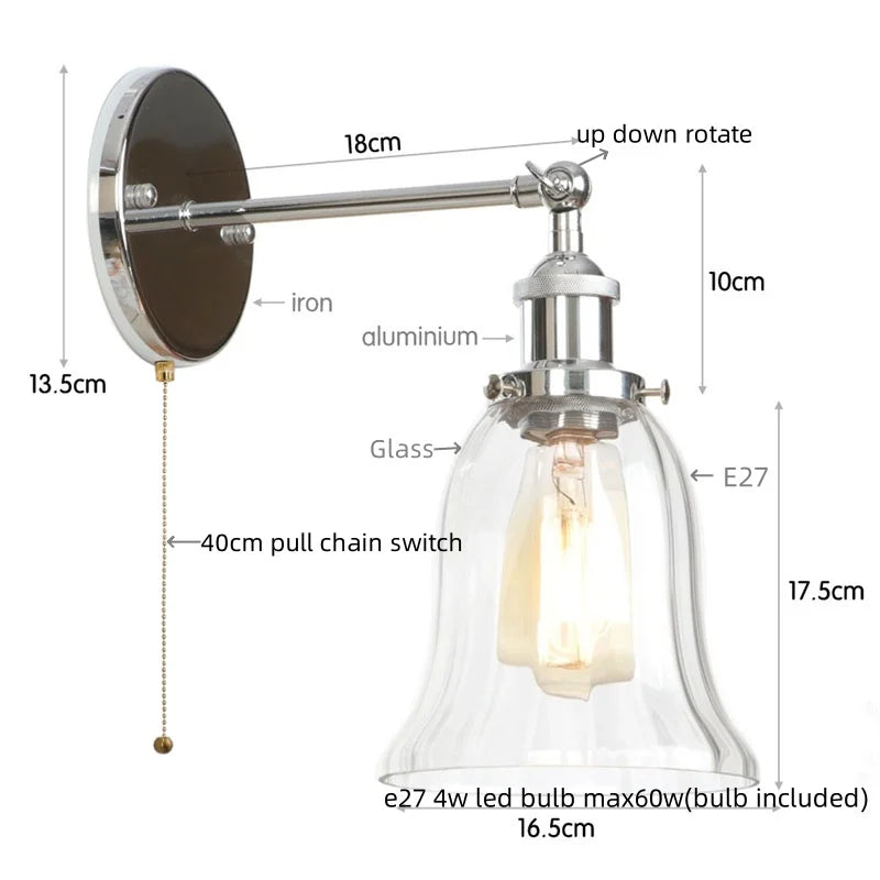 Helnys Vintage LED Glass Wall Sconce with Pull Chain Switch