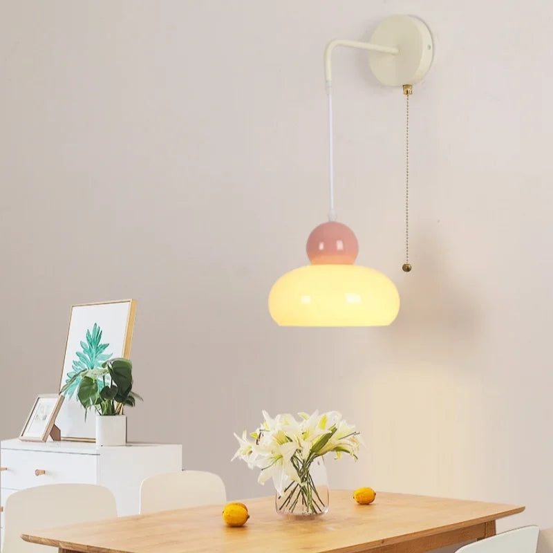 Helnys Nordic LED Glass Wall Light with Pull Chain Switch - Adjustable Bedside Lamp