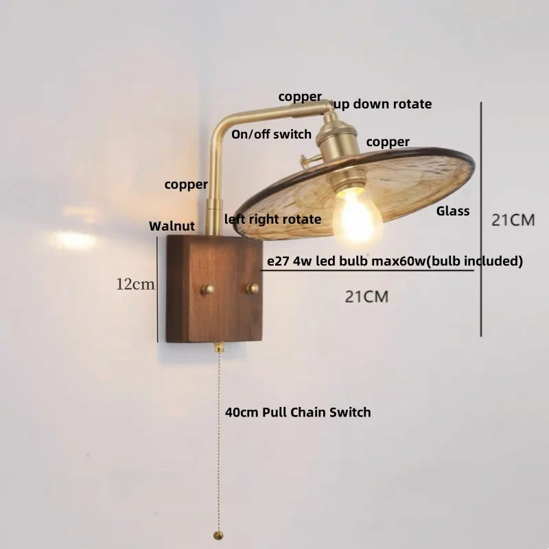 Helnys Walnut Wood LED Wall Sconce with Pull Chain Switch