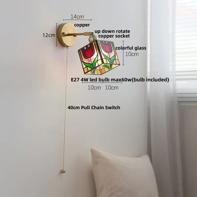 Helnys Flower Glass LED Wall Sconce Pull Chain Switch Rotatable Lamp