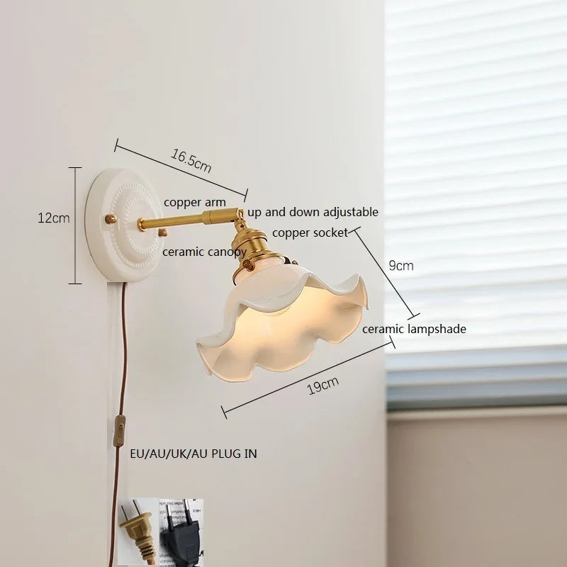 Helnys Modern LED Wall Lamp Ceramic Canopy Copper Arm Socket Indoor Light