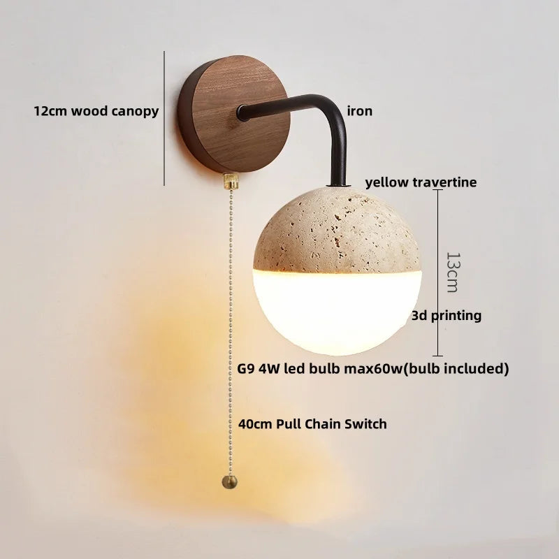 Helnys Yellow Travertine LED Wall Lights Pull Chain Nordic Modern Stair Light