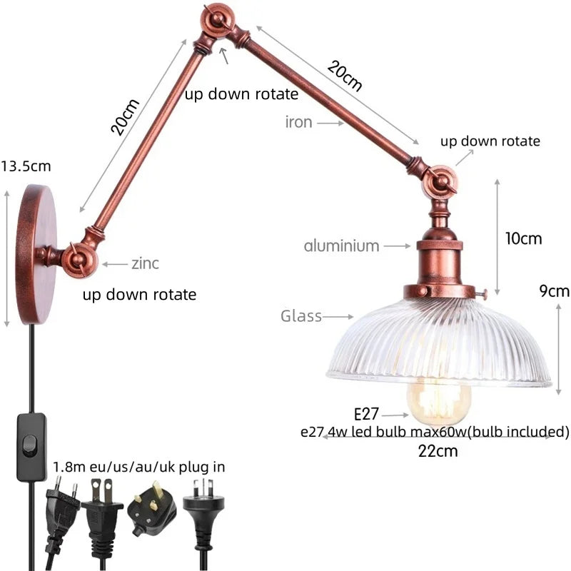 Helnys Vintage Swing Arm Wall Lights with Pull Chain Switch and Glass Ball