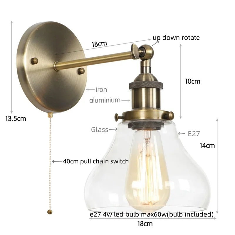 Helnys Industrial Iron LED Wall Lights with Pull Chain Switch