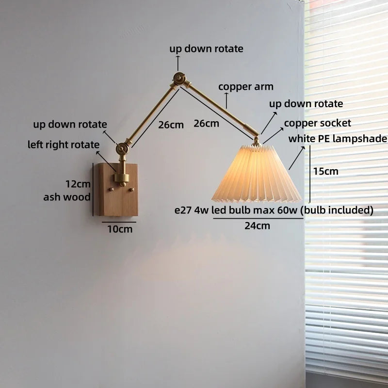 Helnys Nordic LED Wall Light White Umbrella Style Swing Copper Arm Bedside Lamp