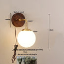 Helnys Walnut Wood Glass LED Wall Sconce with Pull Chain Switch