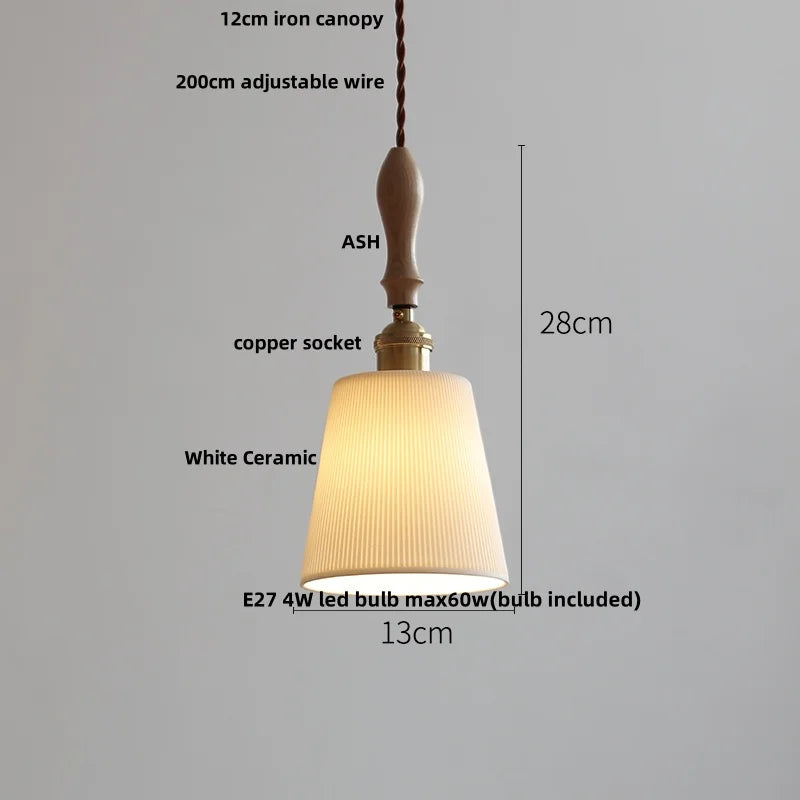 Helnys Adjustable LED Pendant Lights Ash Wood White Ceramic Nordic Hanging Lamp