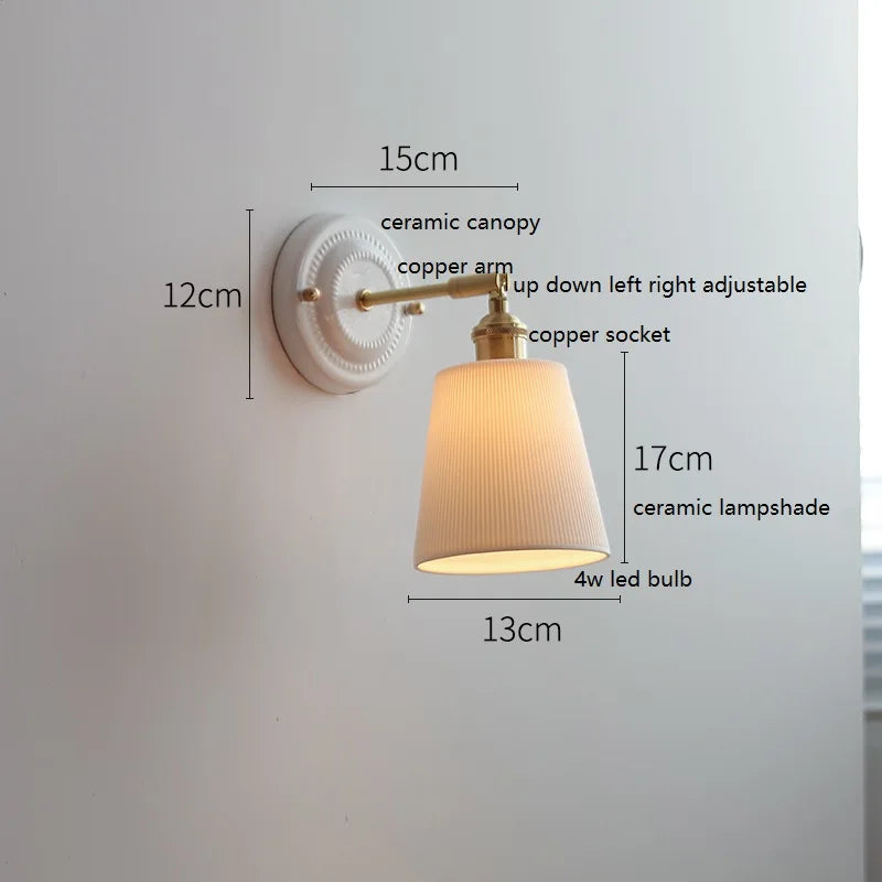 Helnys Ceramic LED Wall Sconce - Copper Arm, Adjustable Pull Chain Switch