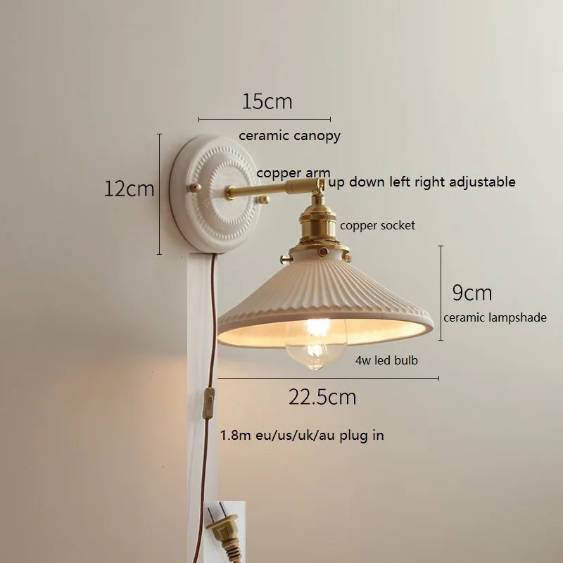 Helnys Modern LED Wall Lamp Ceramic Canopy Copper Arm Socket Indoor Light