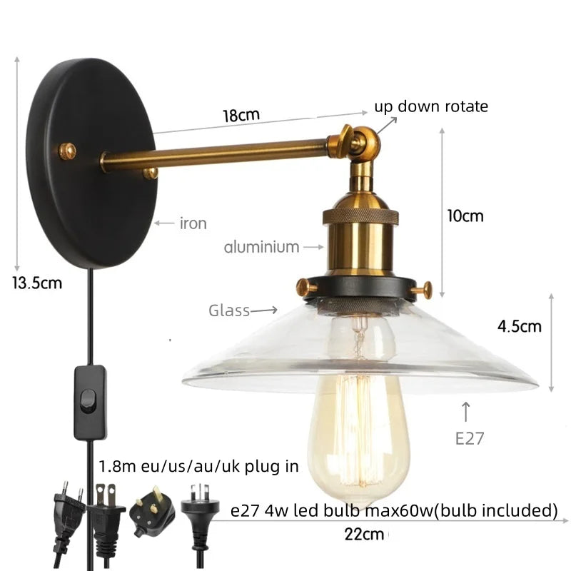 Helnys Vintage Industrial LED Wall Lamp Clear Glass Gold Bedside Light