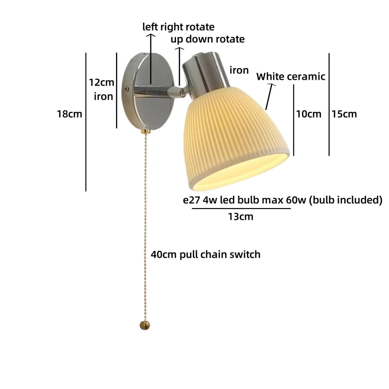 Helnys Nordic LED Wall Lamp with Switch, Up Down Rotation, Modern White Ceramic Shade