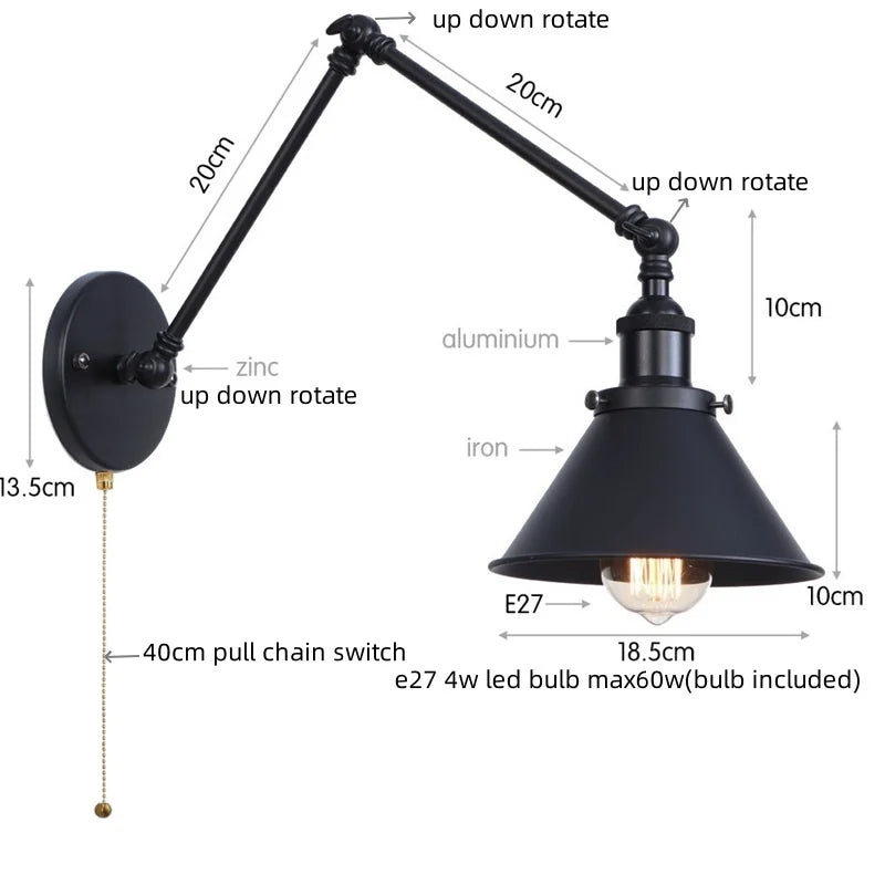 Helnys Vintage Iron LED Wall Lamp with Pull Chain Switch