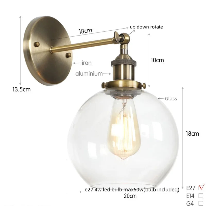 Helnys Glass LED Wall Sconce Industrial Iron Pull Chain Switch Wall Light
