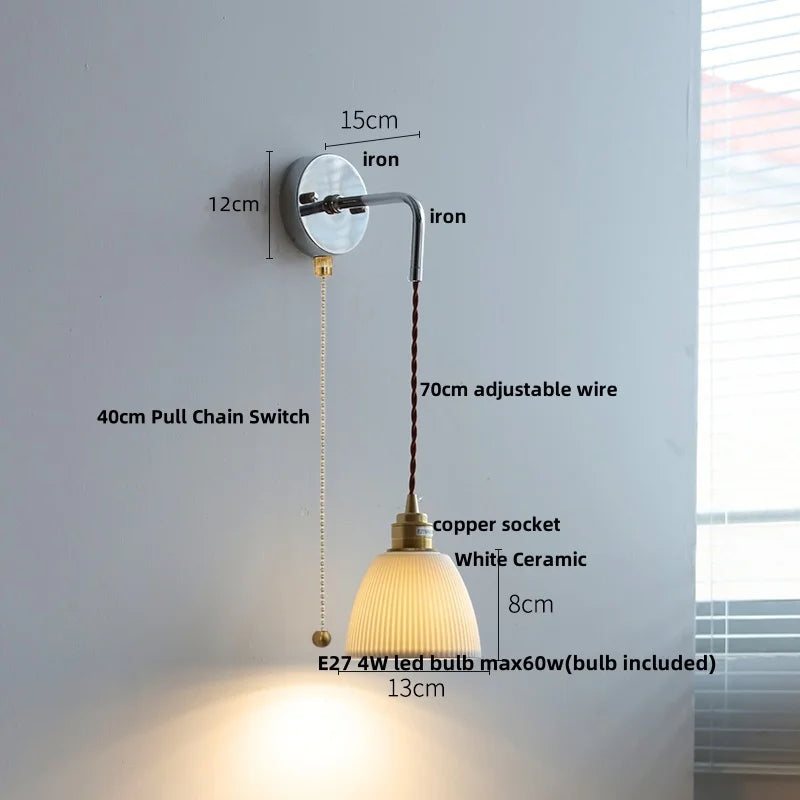 Helnys White Glass LED Wall Lights with Pull Chain Switch - Modern Nordic Design