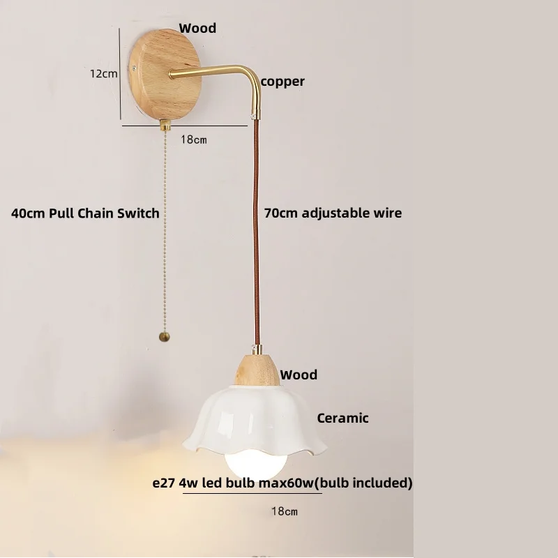 Helnys Wood Glass LED Wall Light Fixture with Pull Chain Switch