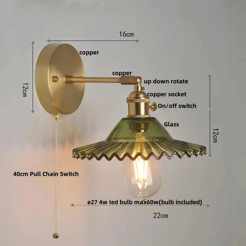 Helnys Green Glass LED Wall Lights with Pull Chain Switch for Home Decor