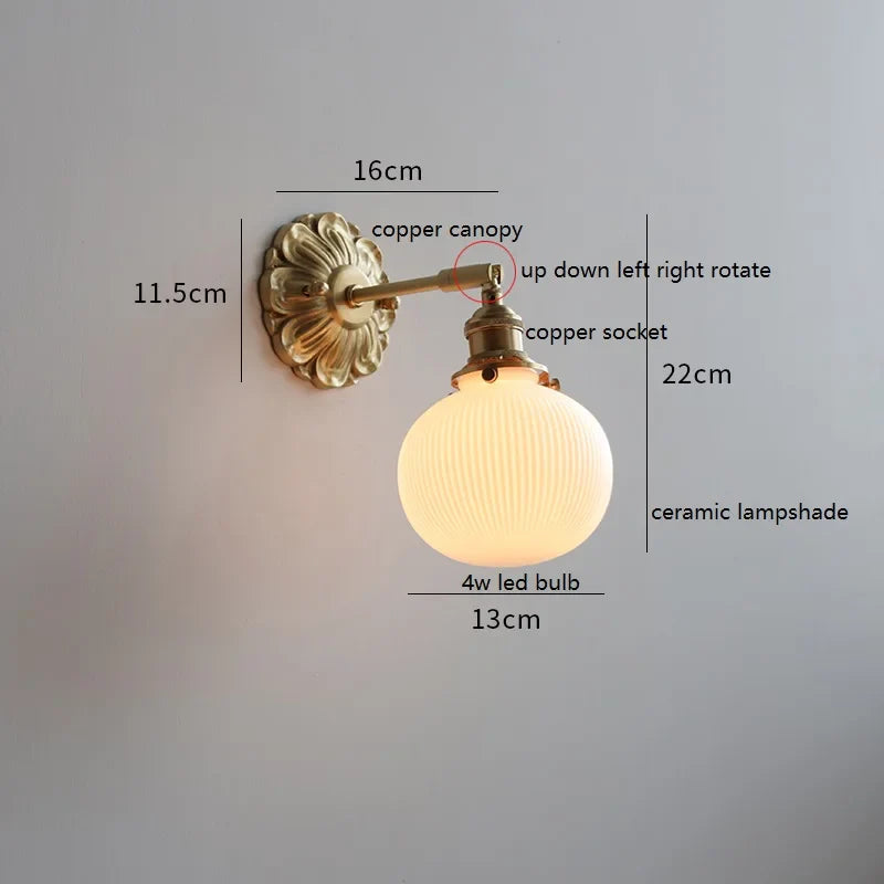 Helnys LED Wall Sconce Switch Wood Bedroom Living Room Copper Arm Wall Light