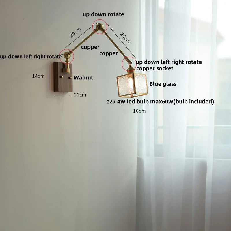 Helnys Modern LED Wall Lamp Glass Pull Chain Switch Rotatable Swing Arms Fixtures