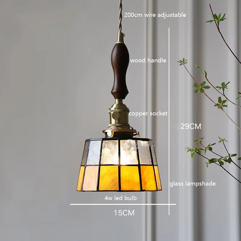 Helnys Vintage Europe Style LED Pendant Light with Wood, Copper, Glass Lampshade