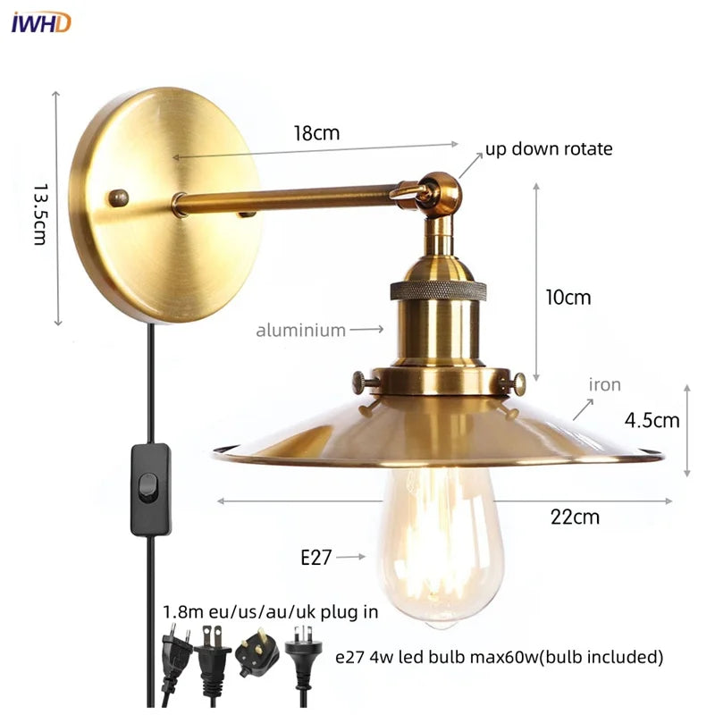 Helnys Loft LED Wall Lamp With Gold Pull Chain Switch - Industrial Vintage Design