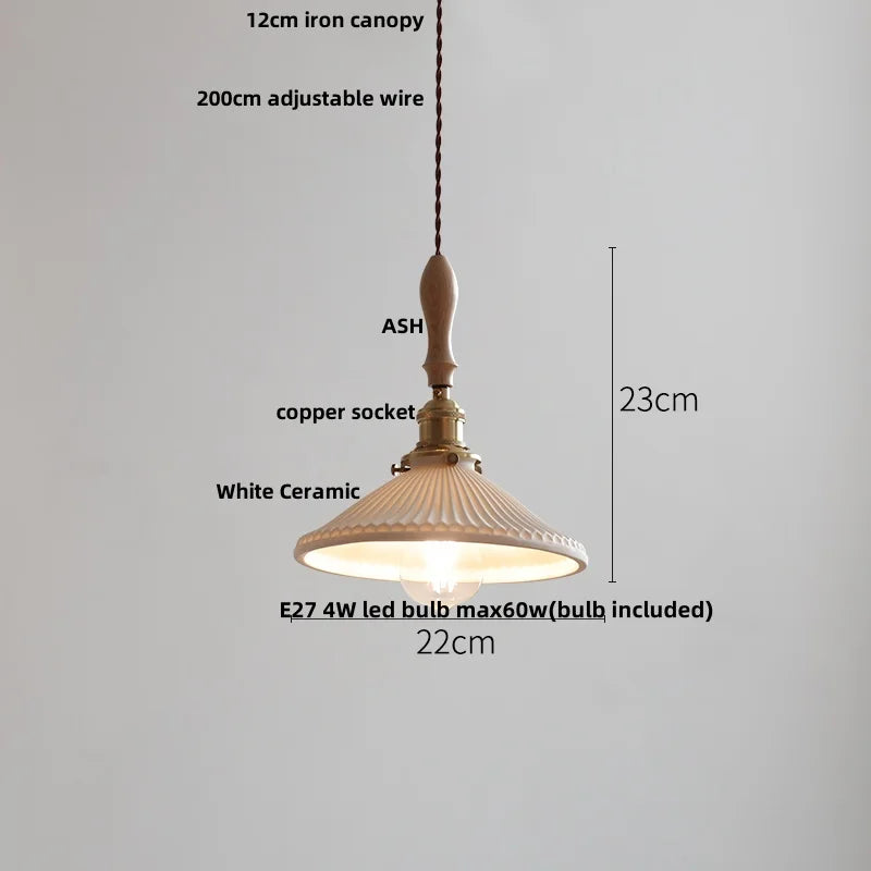 Helnys Adjustable LED Pendant Lights Ash Wood White Ceramic Nordic Hanging Lamp