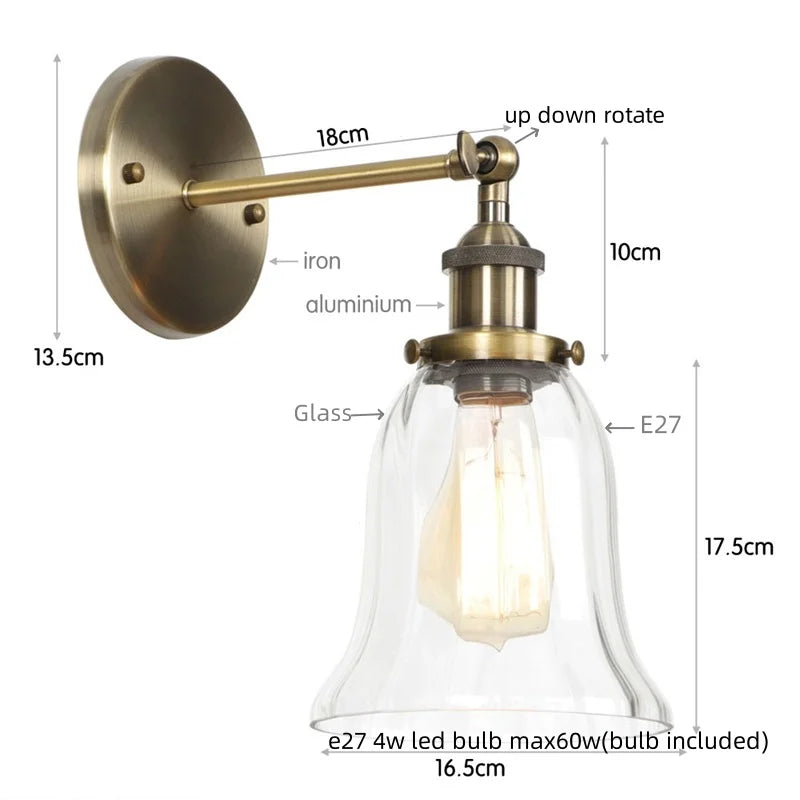 Helnys Vintage LED Glass Wall Sconce with Pull Chain Switch