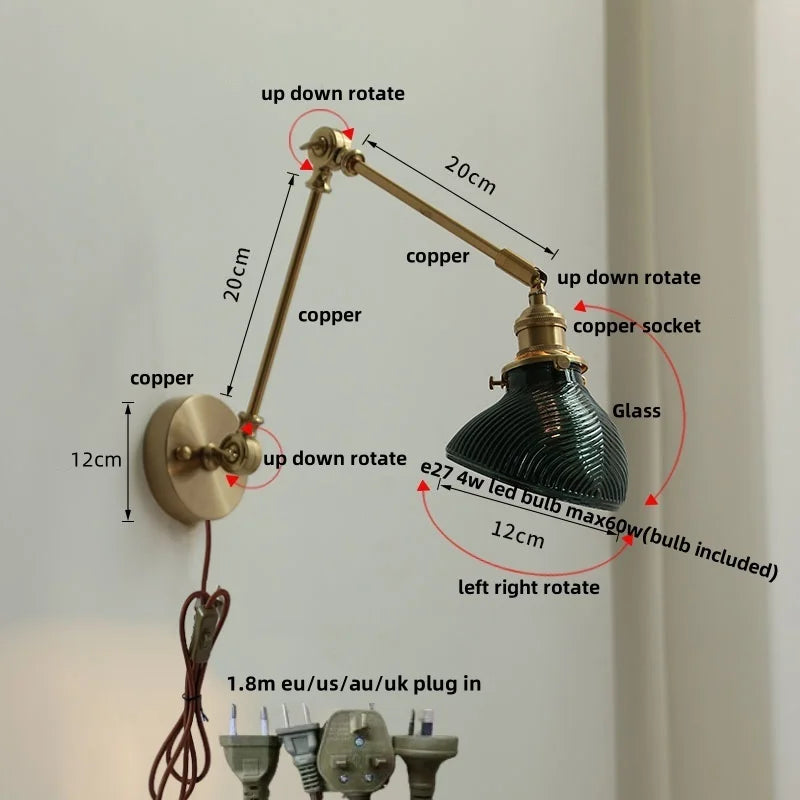 Helnys Brass Swing Arms LED Wall Light, Modern Nordic Clear Glass Bedside Lamp