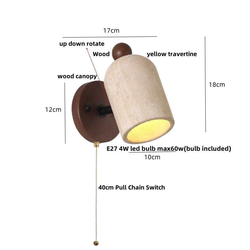 Helnys Rotating LED Wall Light Fixture with Pull Chain Switch Yellow Travertine Wood Decor