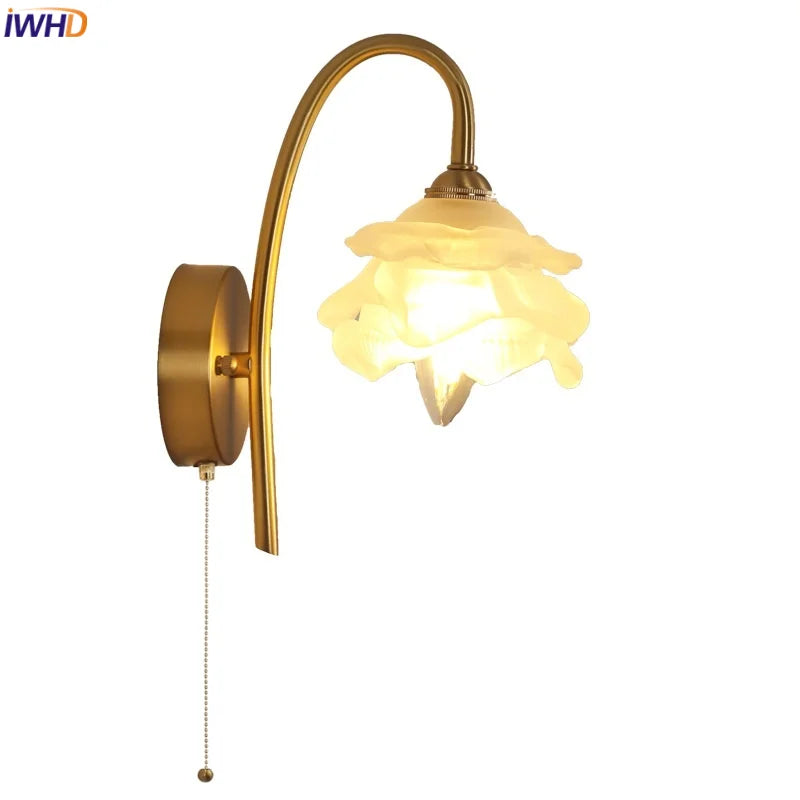 Helnys Glass LED Wall Sconce Pull Chain Switch Copper Base Stair Light