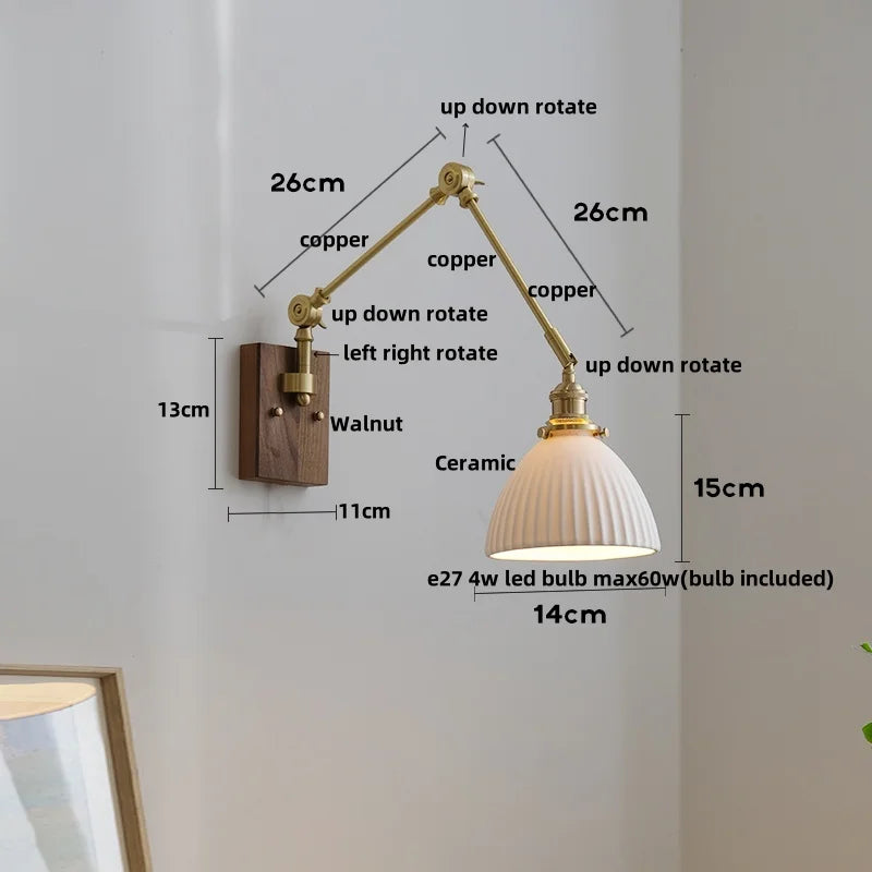 Helnys LED Rotatable Wall Lamp Fixture with Wood Design & Pull Chain Switch