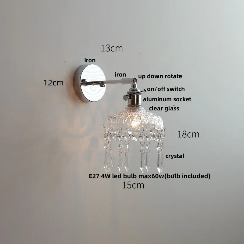 Helnys Crystal LED Wall Light with Pull Chain Switch - Modern Nordic Bedside Lamp