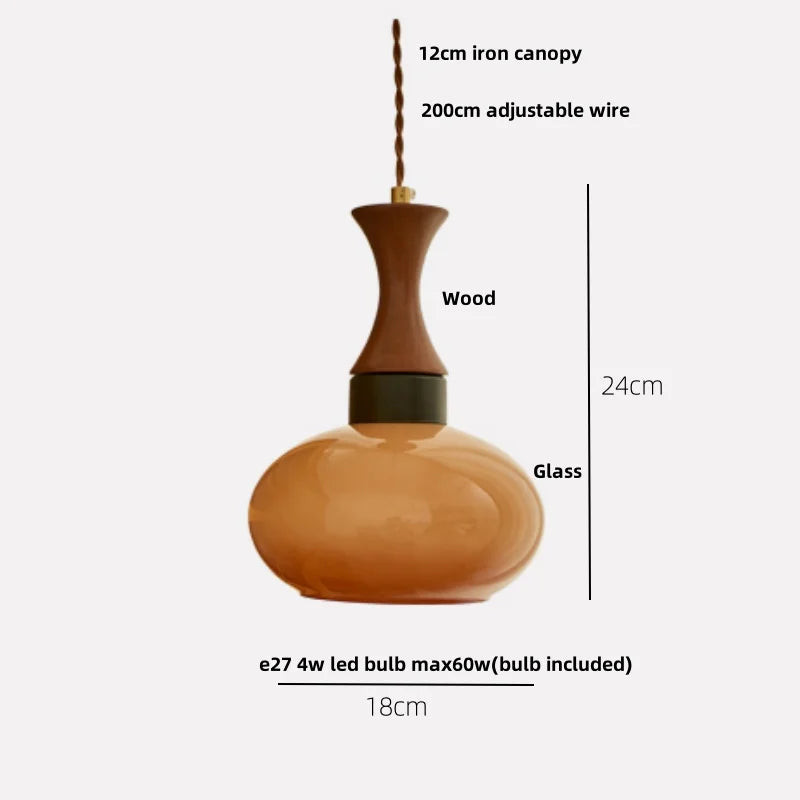 Helnys Amber LED Pendant Light Fixture, Wood Glass Loft Hang Lamp