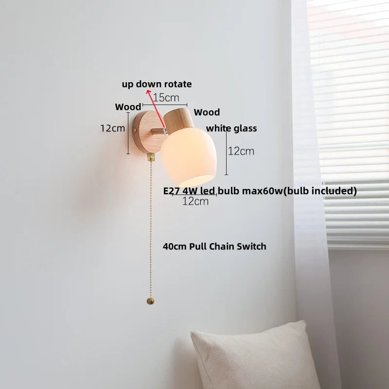 Helnys Amber Glass LED Wall Sconce Wood Pull Chain Switch Stair Light