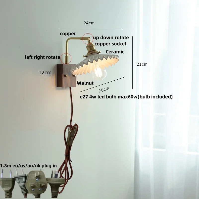 Helnys Nordic Modern Walnut Wood LED Wall Lamp with Rotatable Ceramic Copper Switch