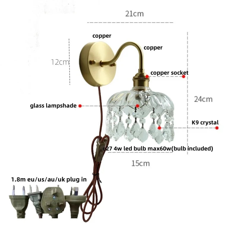 Helnys Nordic LED Wall Light with Pull Chain Switch, Crystal Glass Bedside Lamp