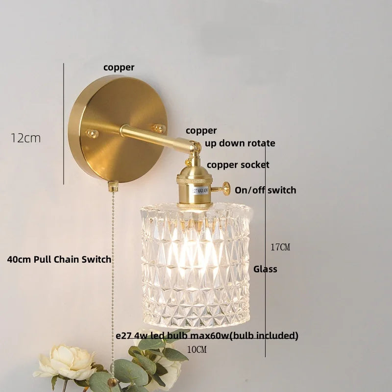 Helnys Walnut Wood LED Wall Sconce Modern Copper Pull Chain Switch Stair Light Fixtures