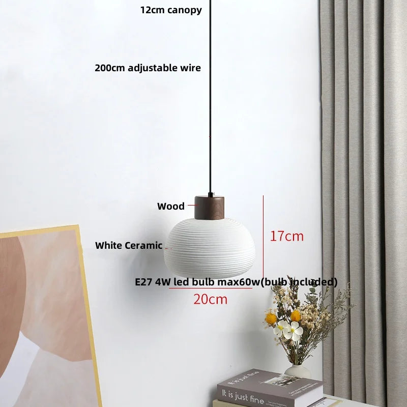 Helnys Nordic LED Pendant Light Fixture Wood White Ceramic Hanging Lamp