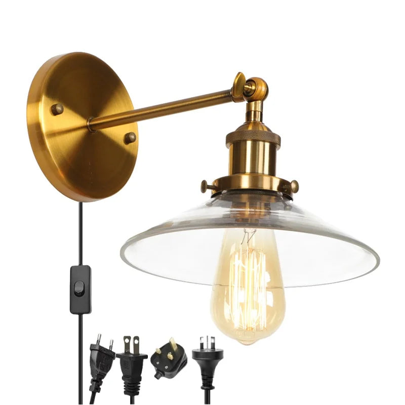 Helnys Vintage Industrial LED Wall Lamp Clear Glass Gold Bedside Light