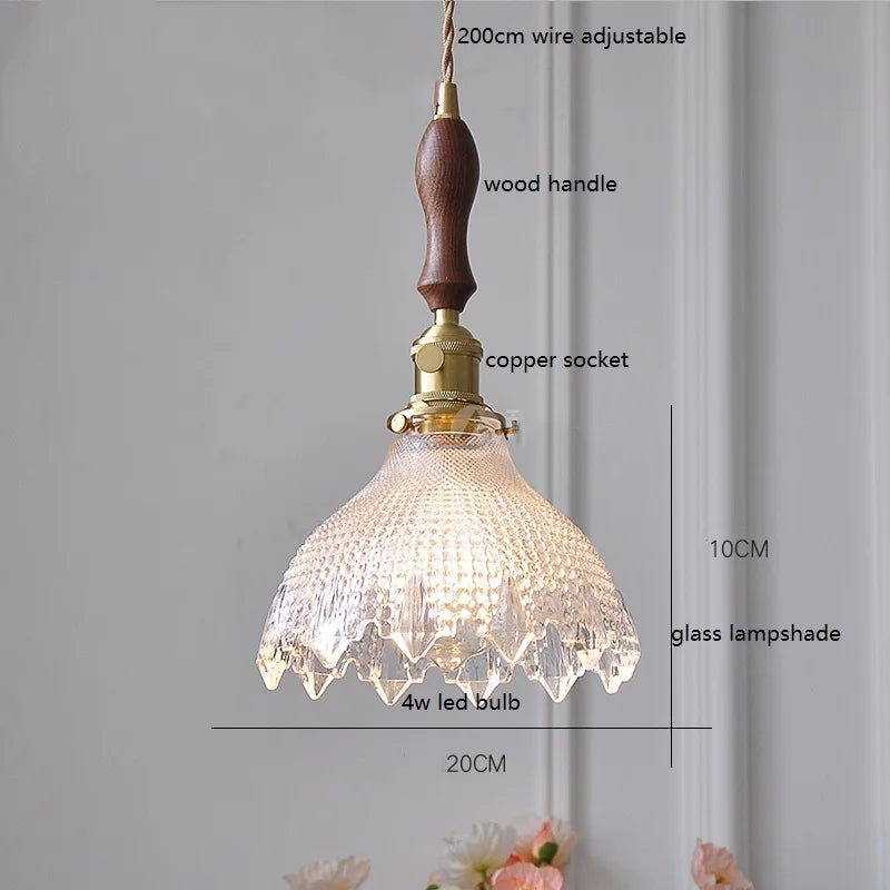 Helnys Green Glass LED Pendant Lamp with Copper Wood Handle for Dinning Living Room