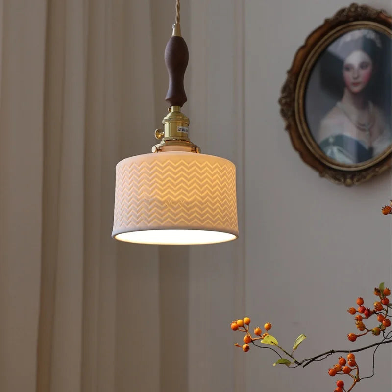 Helnys Walnut Wood LED Pendant Light Ceramic Copper Nordic Modern Hang Lamp