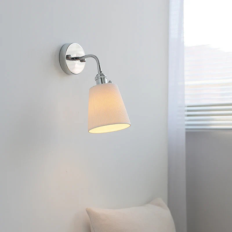 Helnys Silver Ceramic LED Wall Sconce Adjustable Arm Light for Bedroom & Living Room