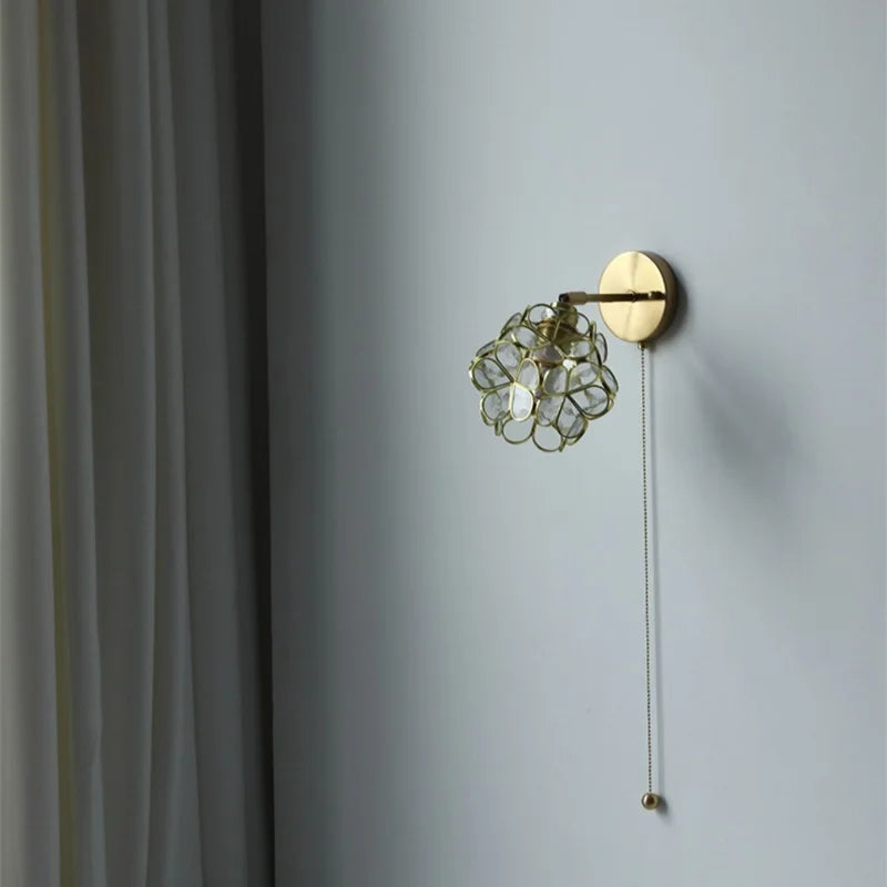 Helnys Pink Flower Glass LED Wall Light Fixture Rotate Copper Wall Lights